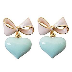 Plated stainless steel heart bow pink light blue enamel drop earrings